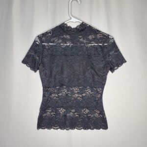 Guess Sheer Lace Top Women XS Black Mock Zip Vtg Y2K Romantic Going-Out Coquette